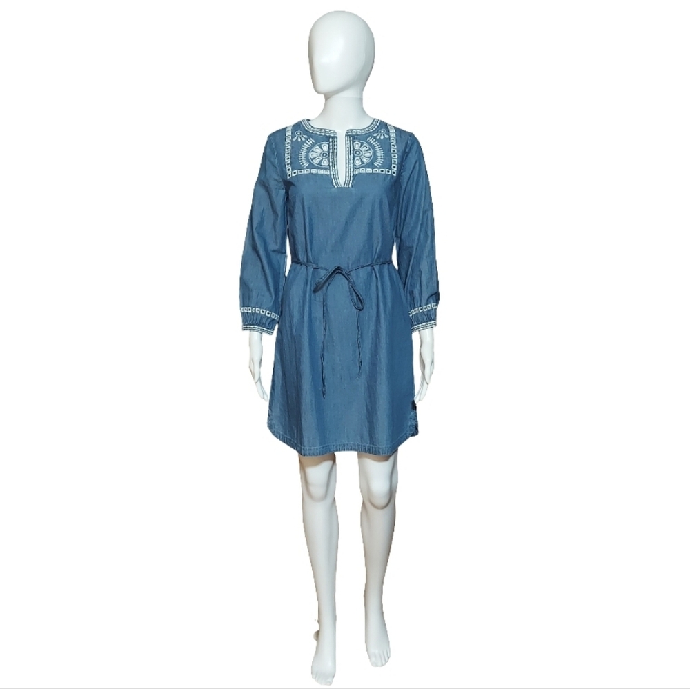Ann Taylor LOFT Embroidered Eyelet Chambray Tie Waist Tunic Dress